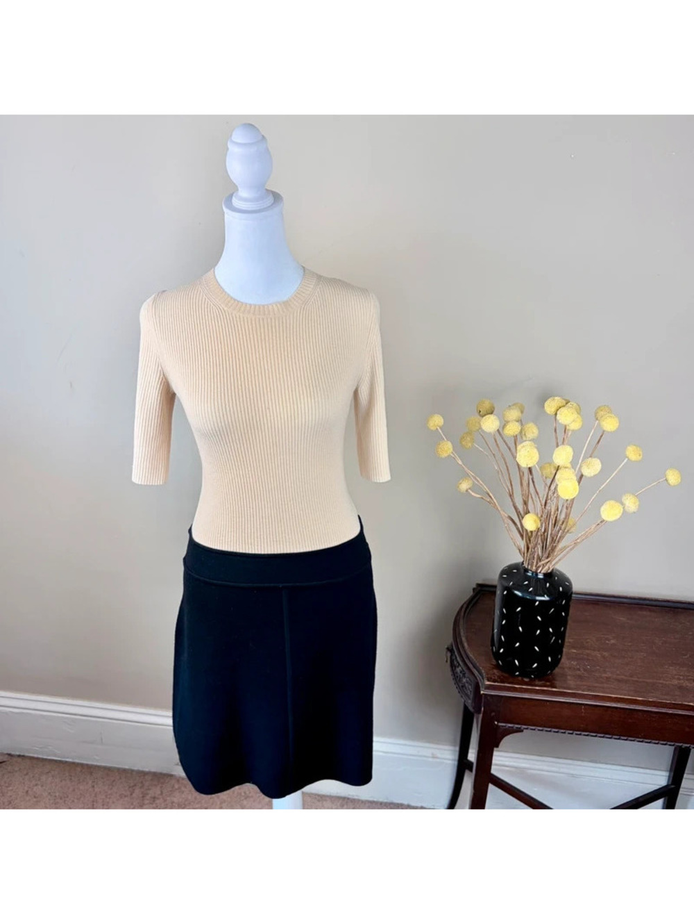 Theory Wool Color Block Lexianna Dress Size M Ivory and Black Ribbed Minimalist